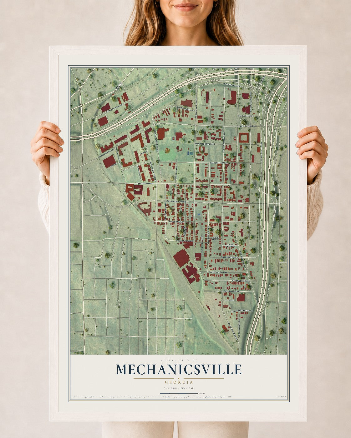 Mechanicsville, Georgia map print, 24" x 36" W/ White Ayous Wood Frame mockup