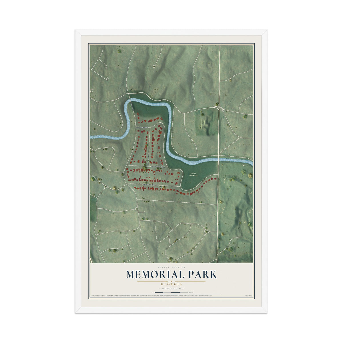 Memorial Park, Georgia map print, 12" x 18" W/ White Ayous Wood Frame mockup