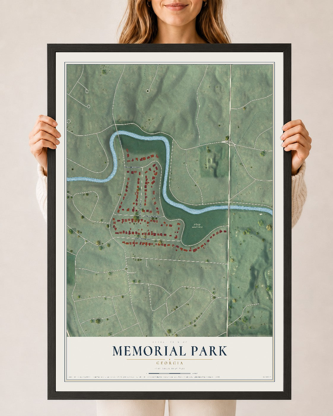 Memorial Park, Georgia map print, 24" x 36" W/ Black Ayous Wood Frame mockup