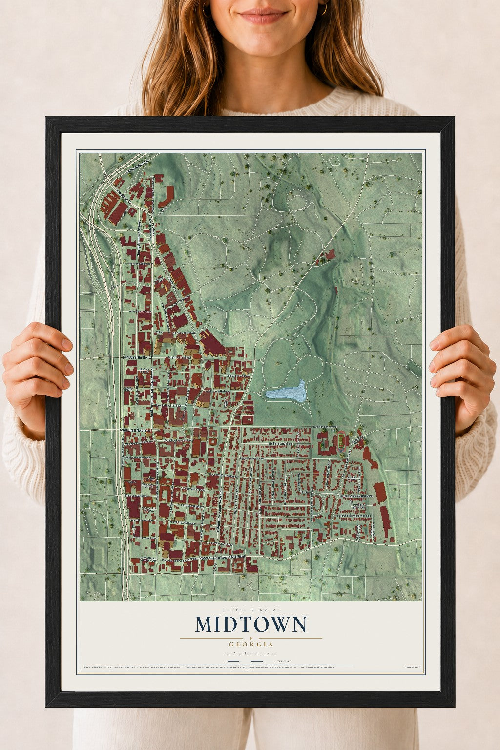 Midtown, Georgia map print, 18" x 24" W/ Black Ayous Wood Frame mockup