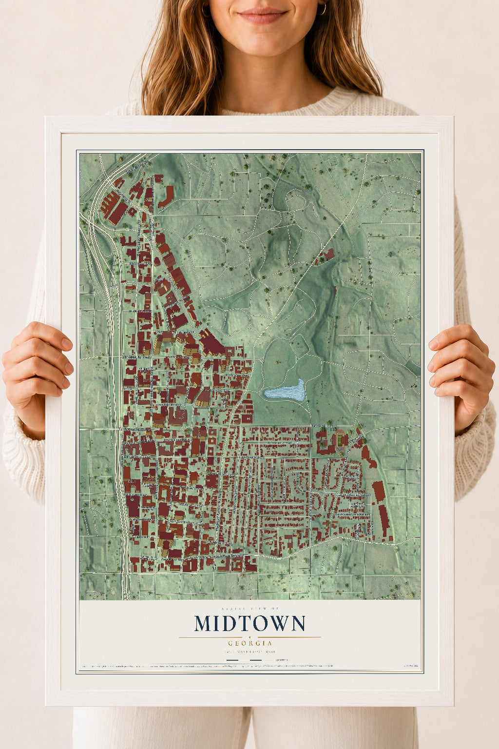 Midtown, Georgia map print, 18" x 24" W/ White Ayous Wood Frame mockup