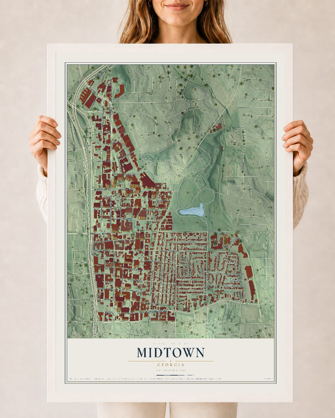 Midtown, Georgia map print, 24" x 36" W/ White Ayous Wood Frame mockup