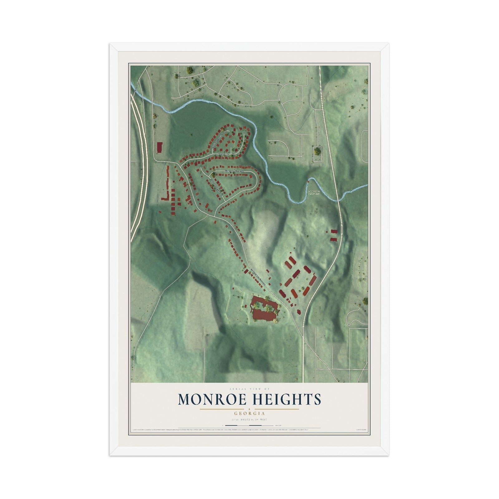 Monroe Heights, Georgia map print, 12" x 18" W/ White Ayous Wood Frame mockup