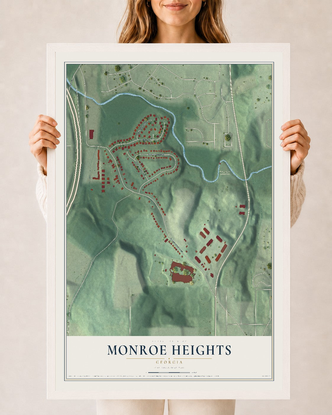 Monroe Heights, Georgia map print, 24" x 36" W/ White Ayous Wood Frame mockup