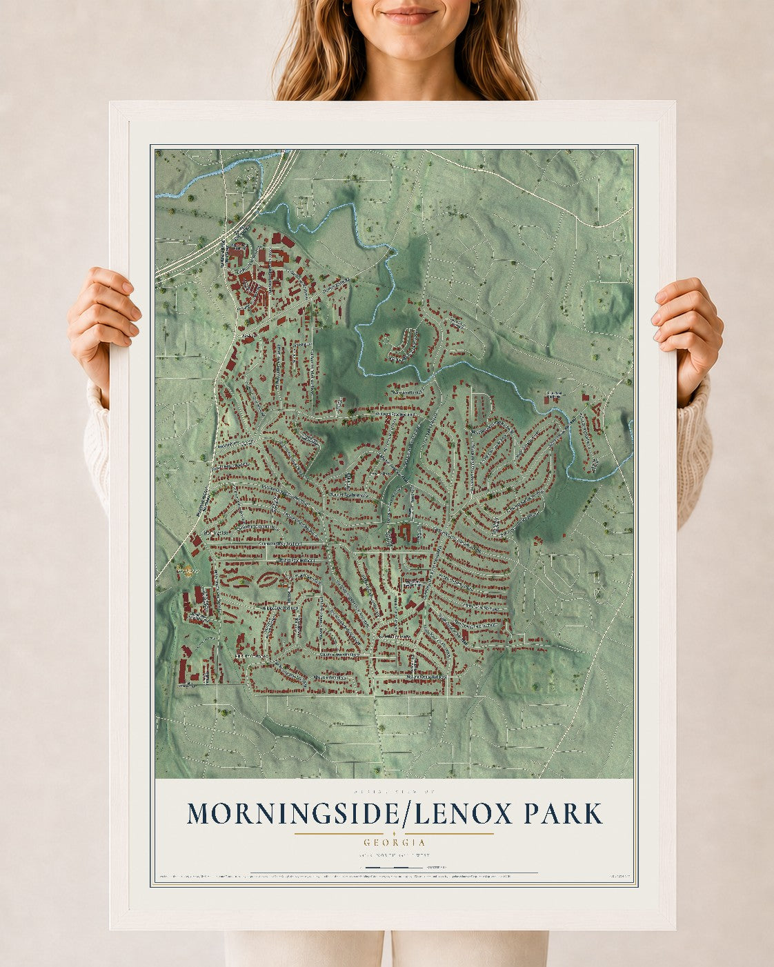 Morningside-Lenox Park, Georgia map print, 24" x 36" W/ White Ayous Wood Frame mockup