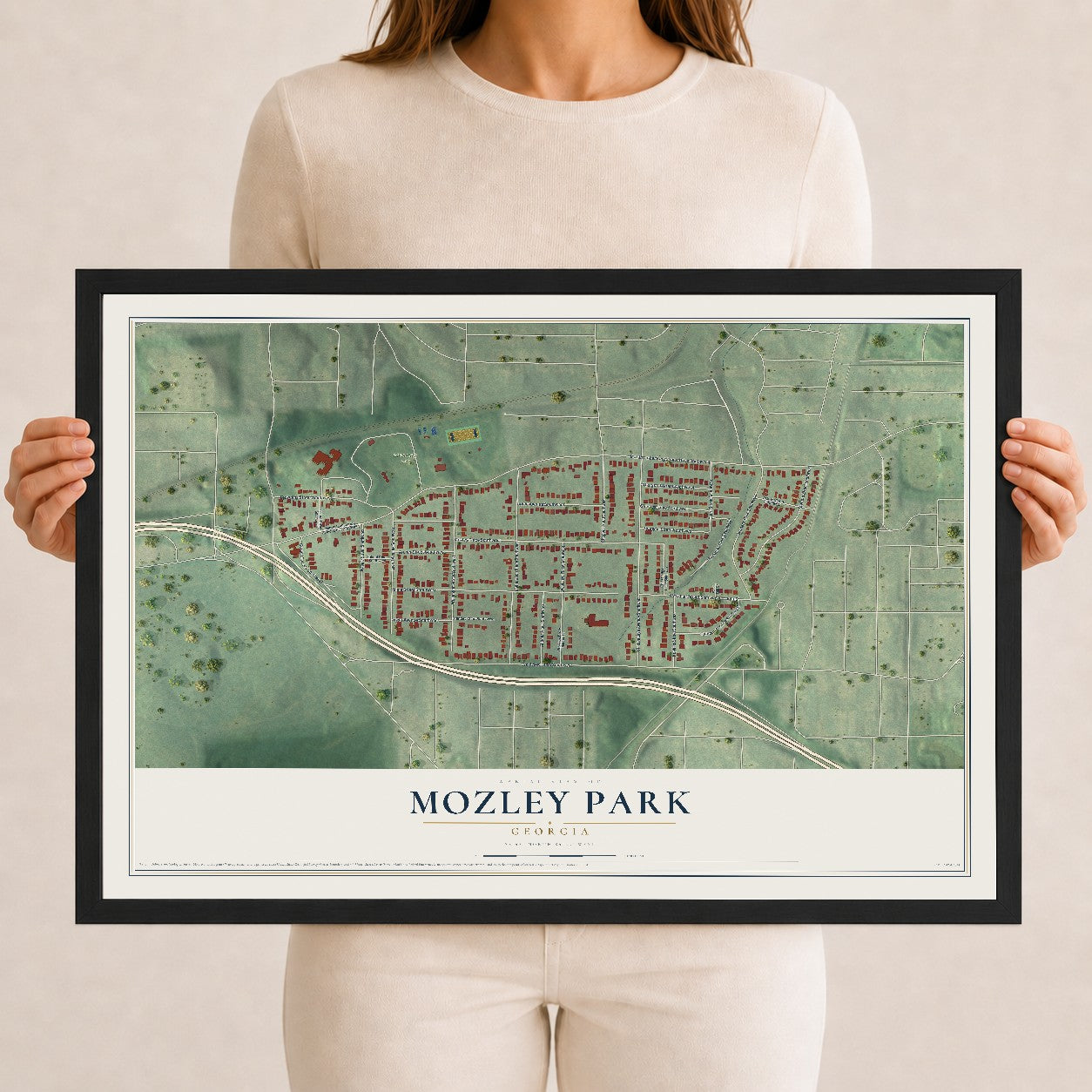 Mozley Park, Georgia map print, 12" x 18" W/ Black Ayous Wood Frame mockup