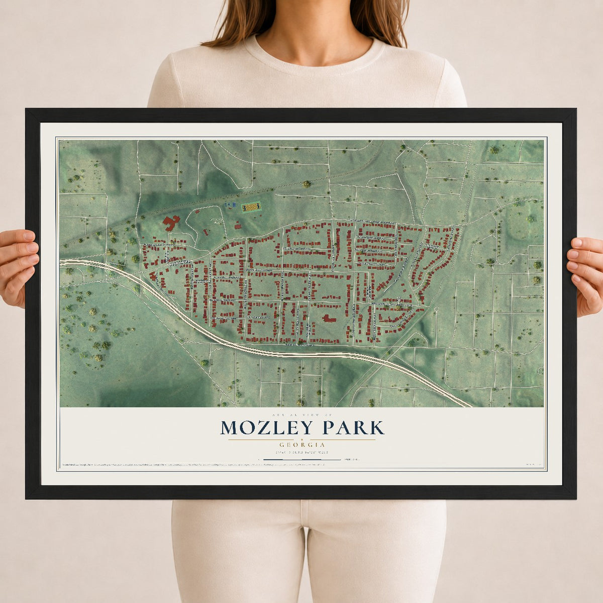 Mozley Park, Georgia map print, 18" x 24" W/ Black Ayous Wood Frame mockup