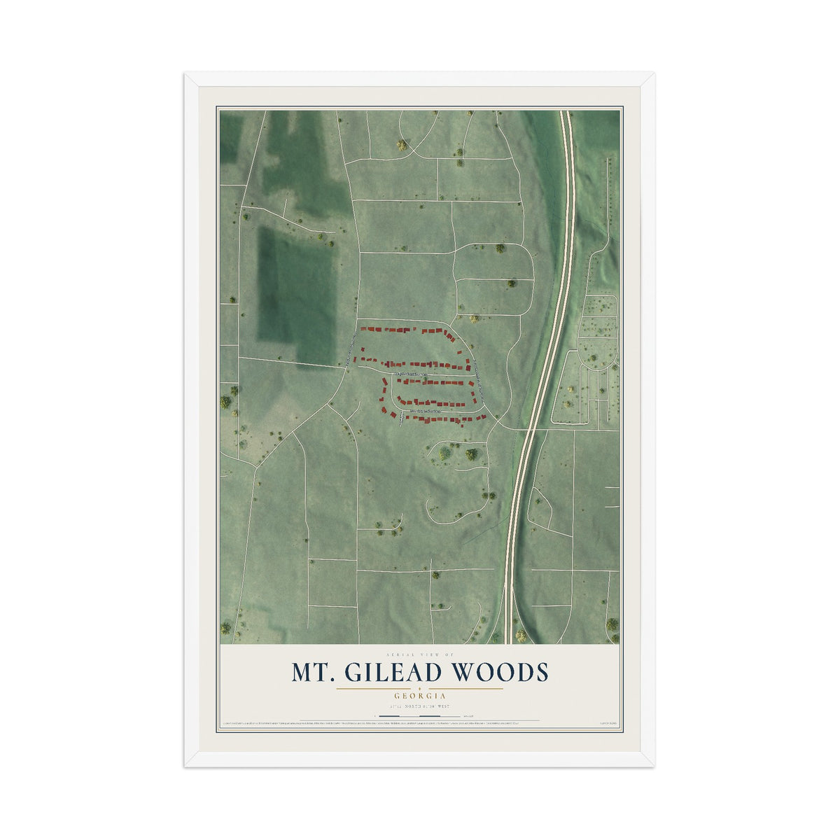 Mt. Gilead Woods, Georgia map print, 12" x 18" W/ White Ayous Wood Frame mockup