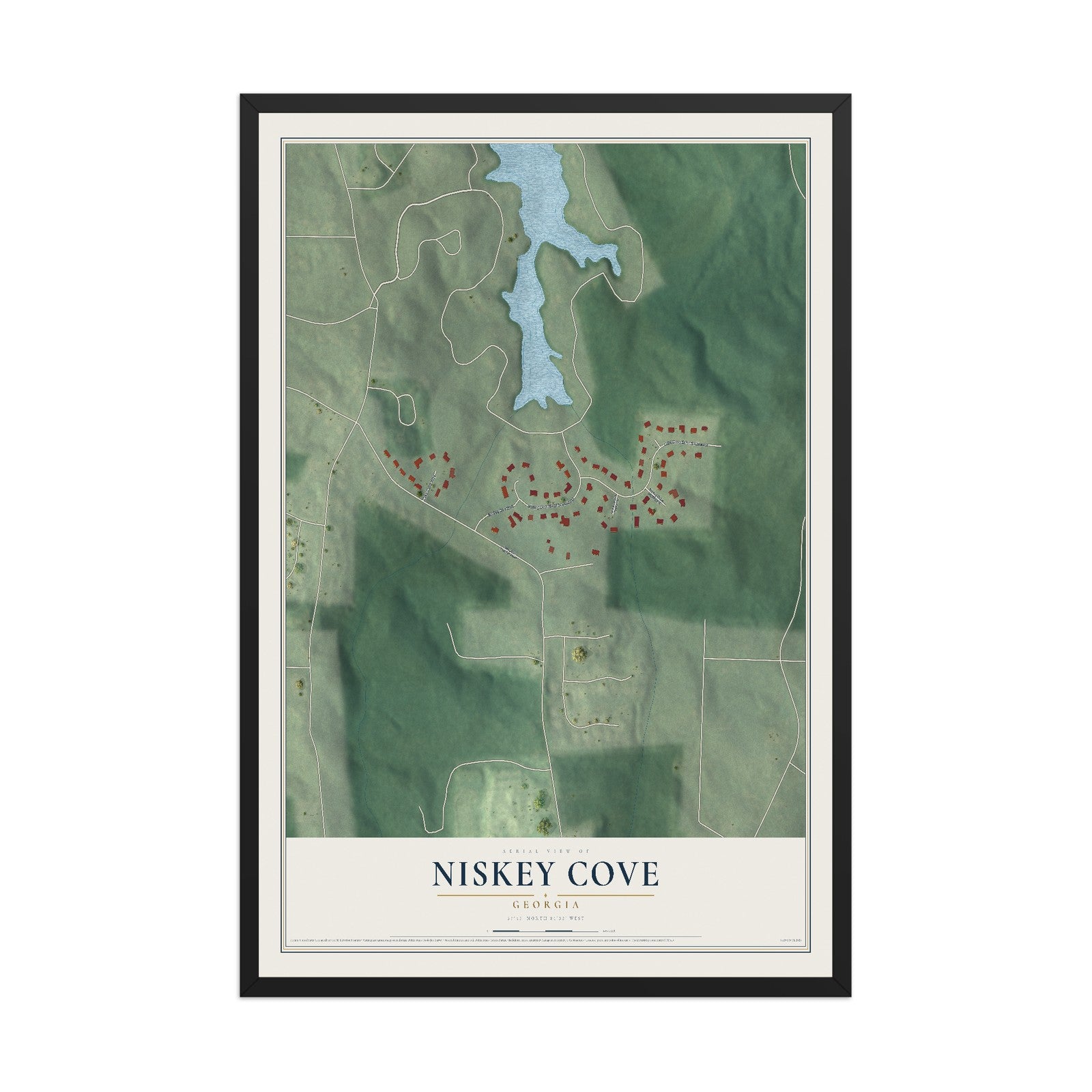 Niskey Cove, Georgia map print, 12" x 18" W/ Black Ayous Wood Frame mockup