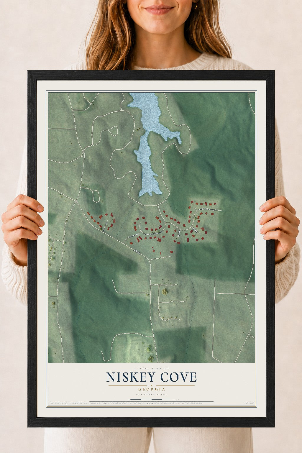 Niskey Cove, Georgia map print, 18" x 24" W/ Black Ayous Wood Frame mockup