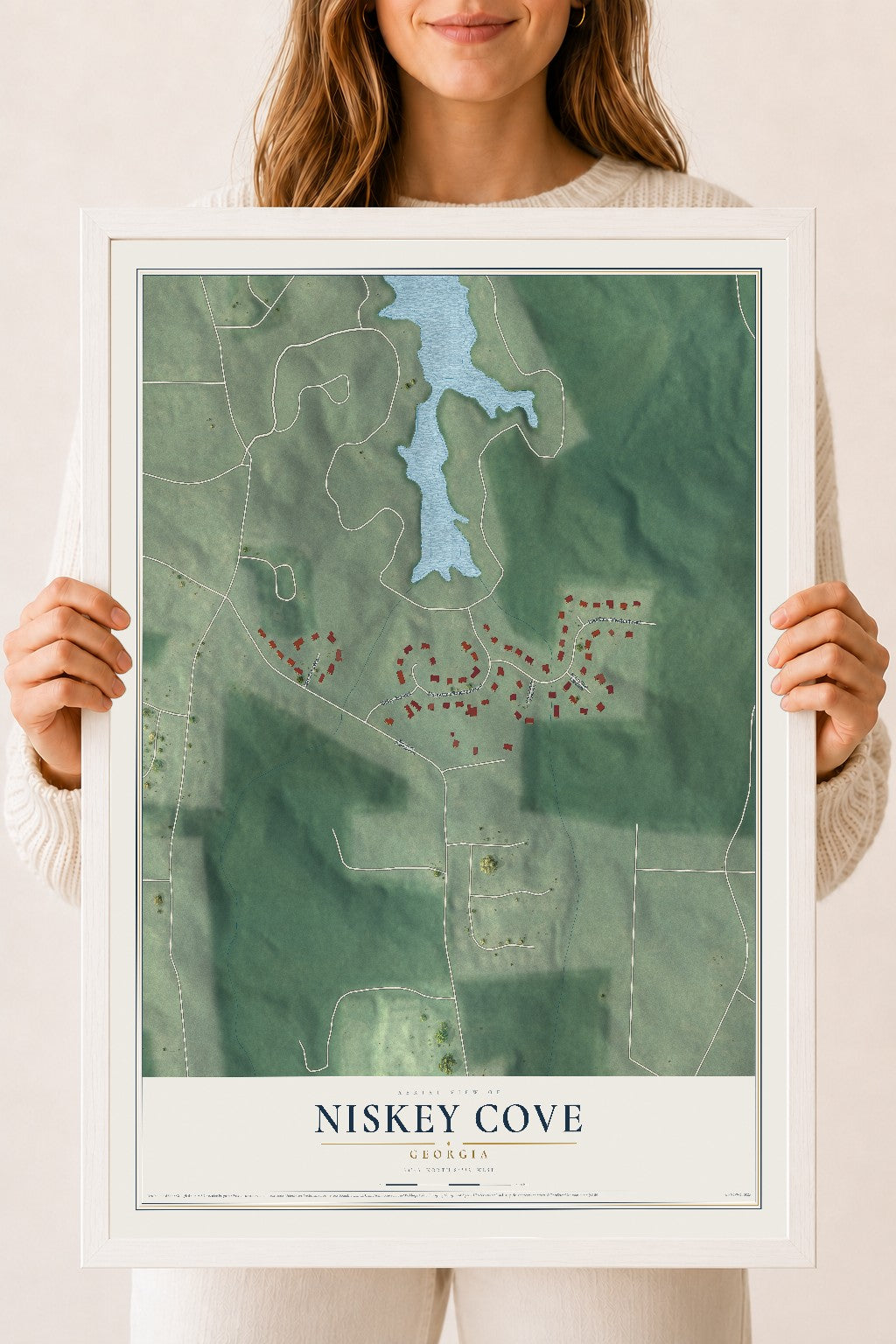 Niskey Cove, Georgia map print, 18" x 24" W/ White Ayous Wood Frame mockup
