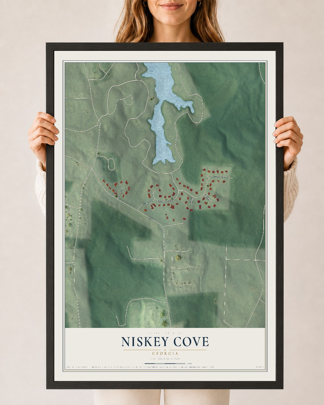 Niskey Cove, Georgia map print, 24" x 36" W/ Black Ayous Wood Frame mockup