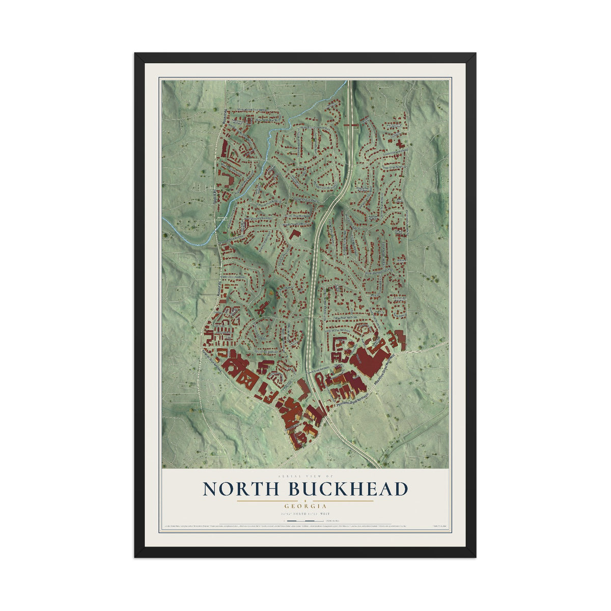 North Buckhead, Georgia map print, 12" x 18" W/ Black Ayous Wood Frame mockup