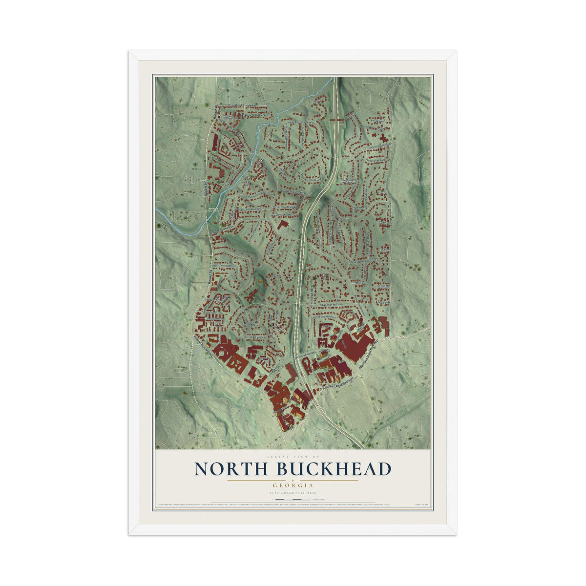North Buckhead, Georgia map print, 12" x 18" W/ White Ayous Wood Frame mockup