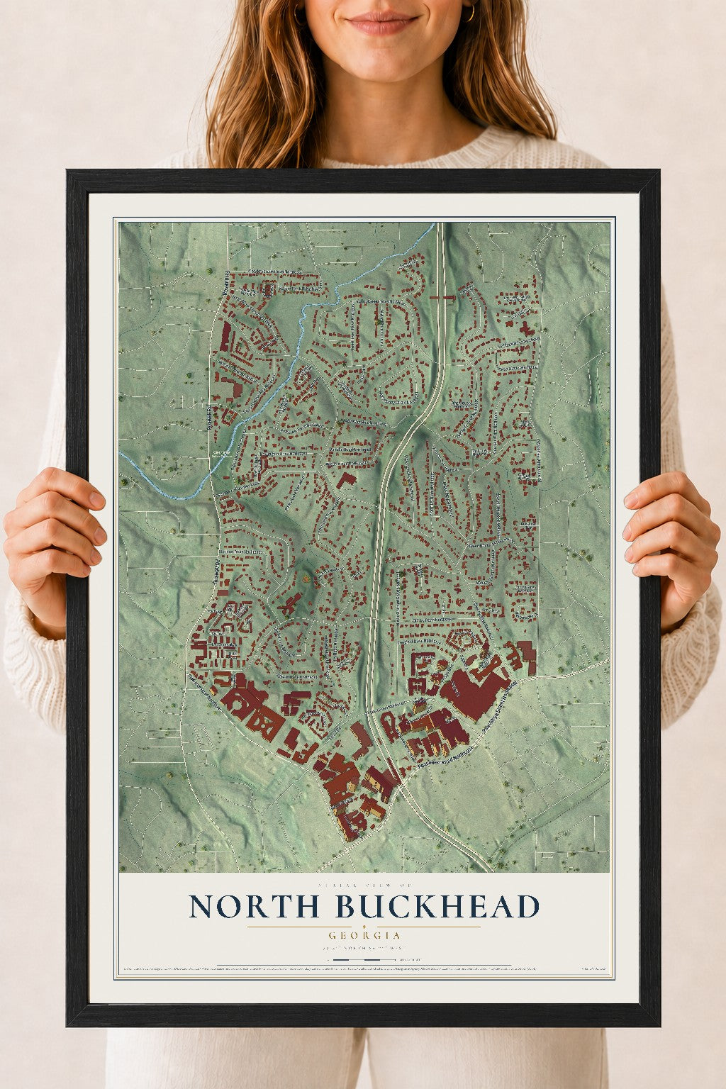 North Buckhead, Georgia map print, 18" x 24" W/ Black Ayous Wood Frame mockup