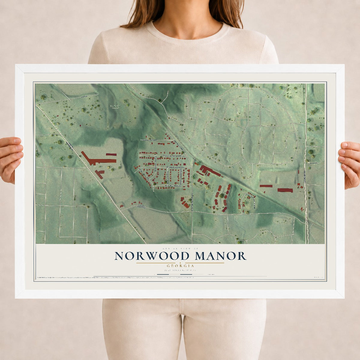 Norwood Manor, Georgia map print, 18" x 24" W/ White Ayous Wood Frame mockup
