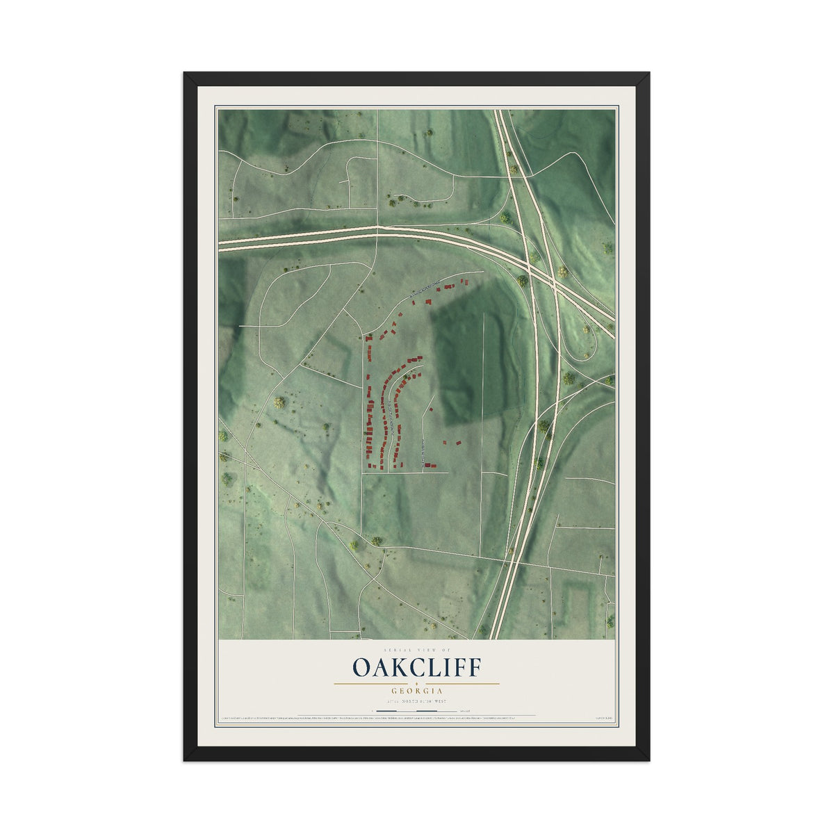 Oakcliff, Georgia map print, 12" x 18" W/ Black Ayous Wood Frame mockup