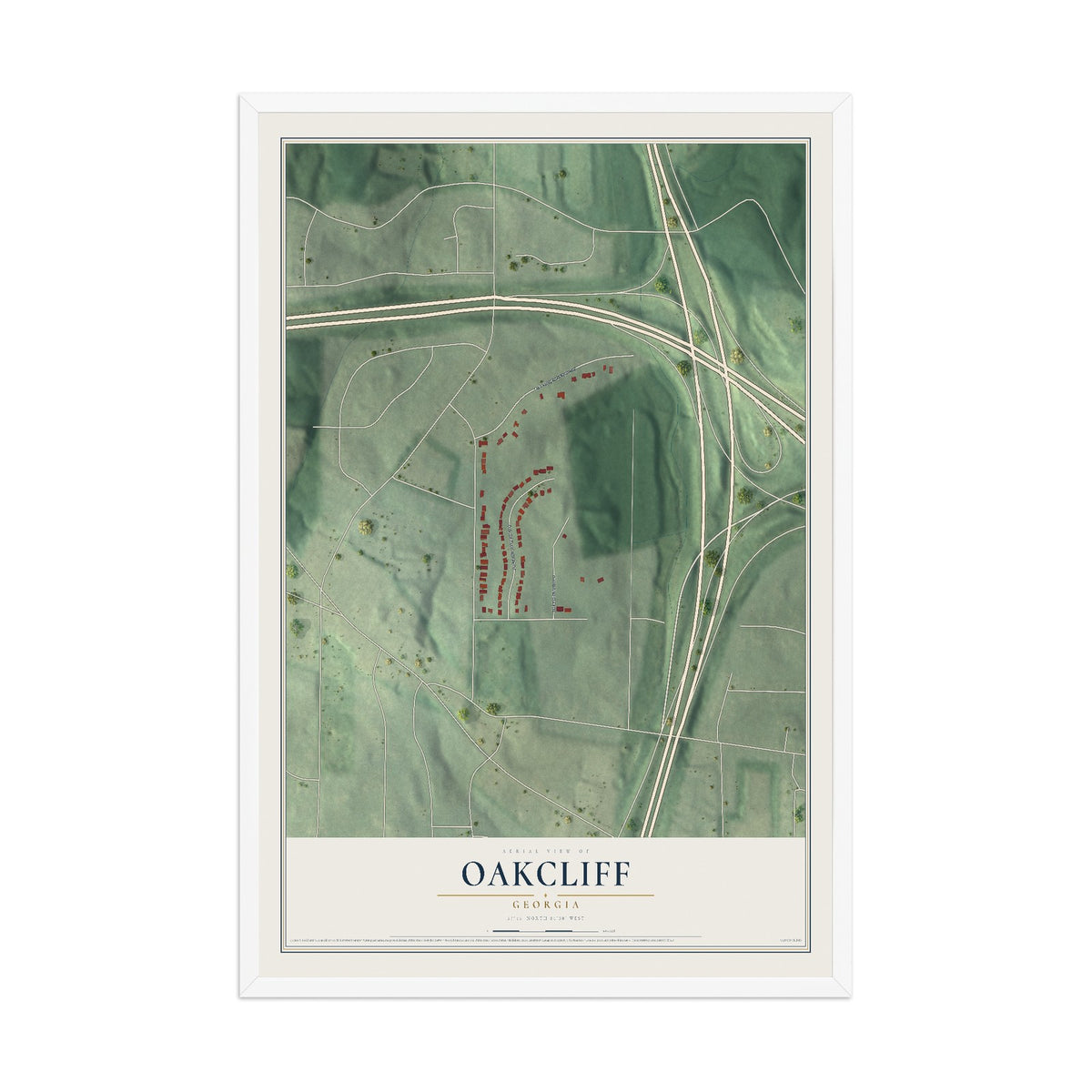Oakcliff, Georgia map print, 12" x 18" W/ White Ayous Wood Frame mockup