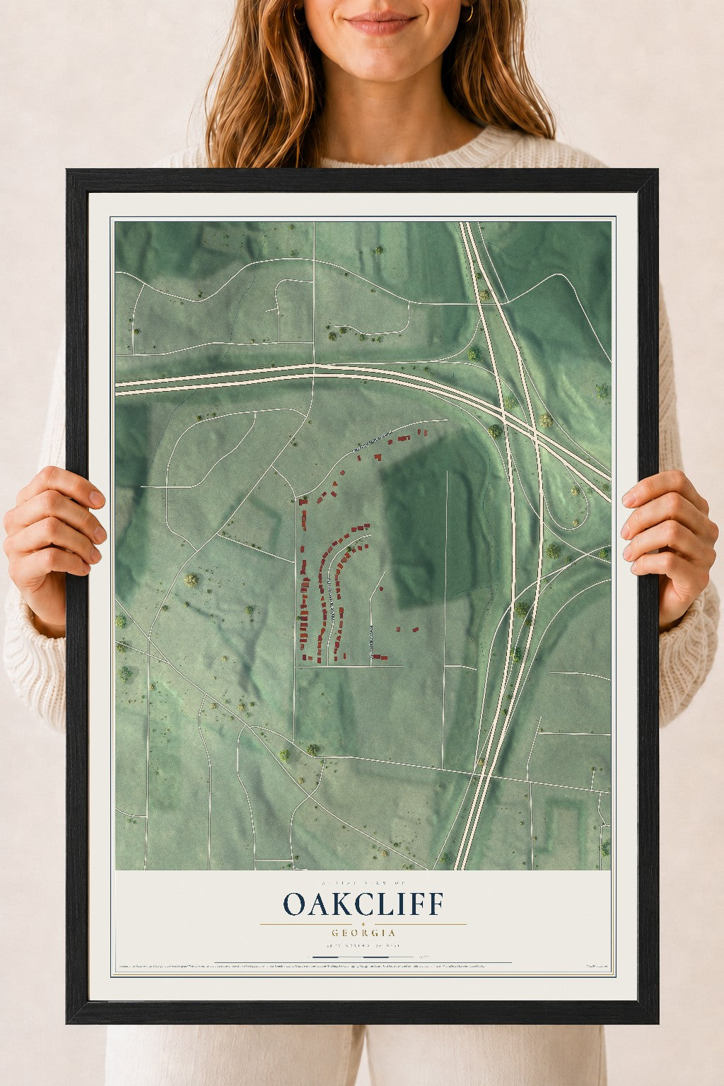 Oakcliff, Georgia map print, 18" x 24" W/ Black Ayous Wood Frame mockup