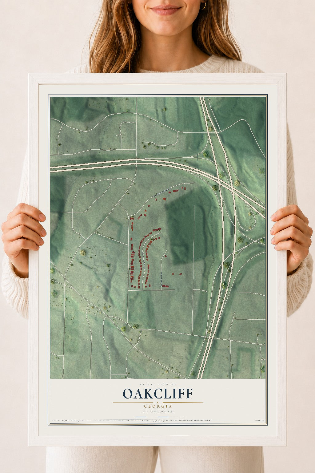 Oakcliff, Georgia map print, 18" x 24" W/ White Ayous Wood Frame mockup