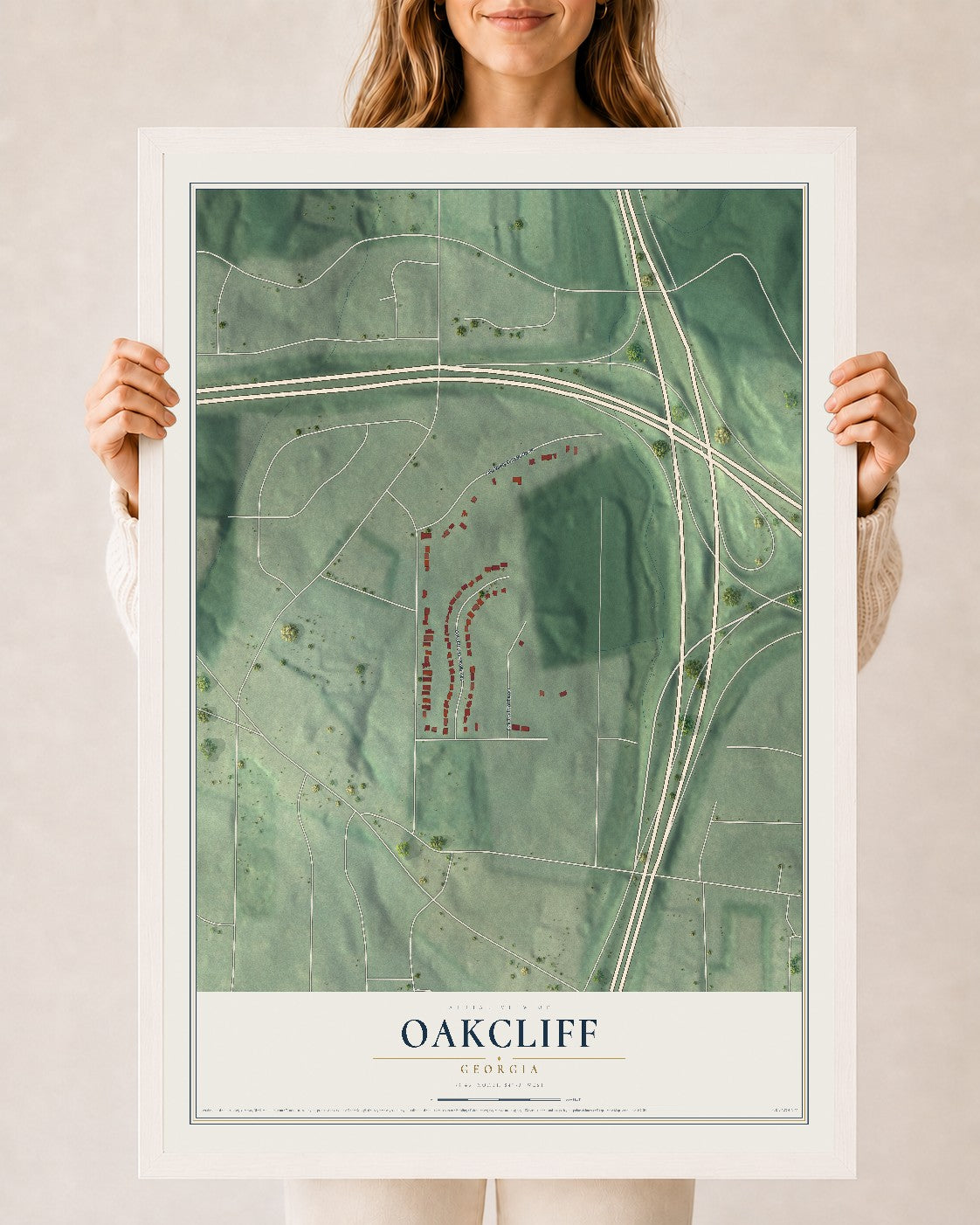 Oakcliff, Georgia map print, 24" x 36" W/ White Ayous Wood Frame mockup