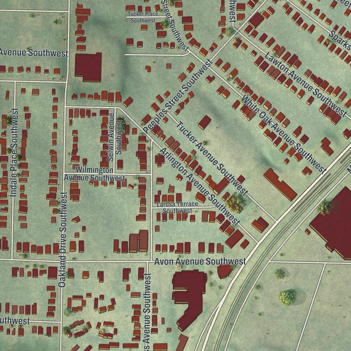 Close-up 1 of the Oakland City, Georgia map artwork