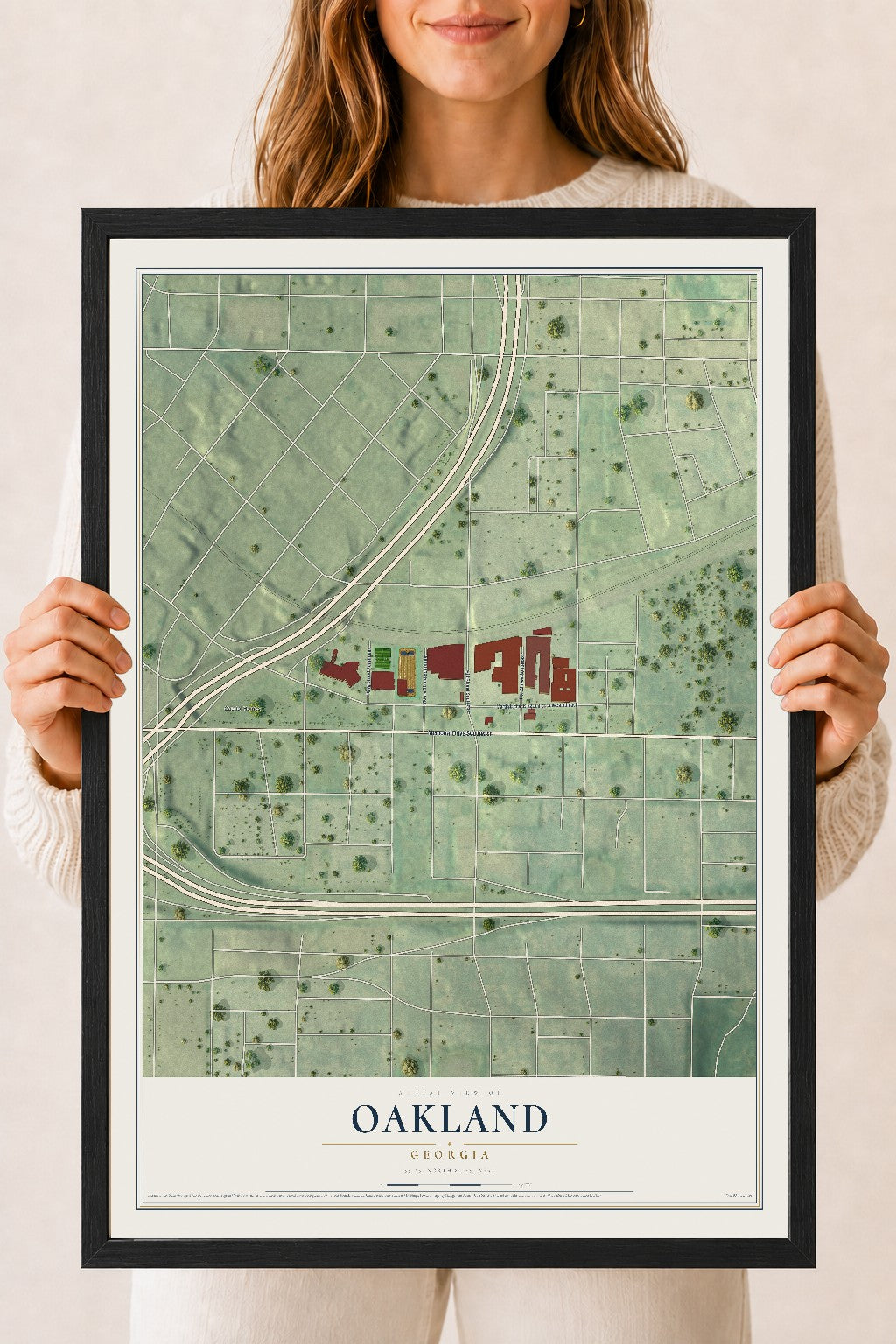 Oakland, Georgia map print, 18" x 24" W/ Black Ayous Wood Frame mockup