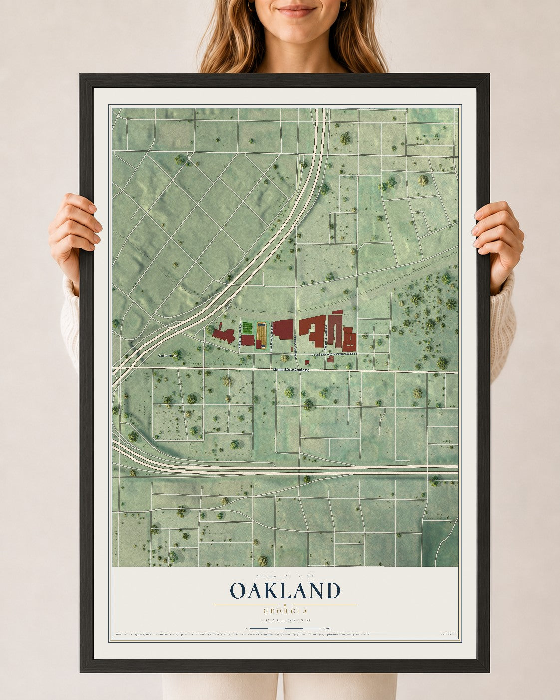 Oakland, Georgia map print, 24" x 36" W/ Black Ayous Wood Frame mockup