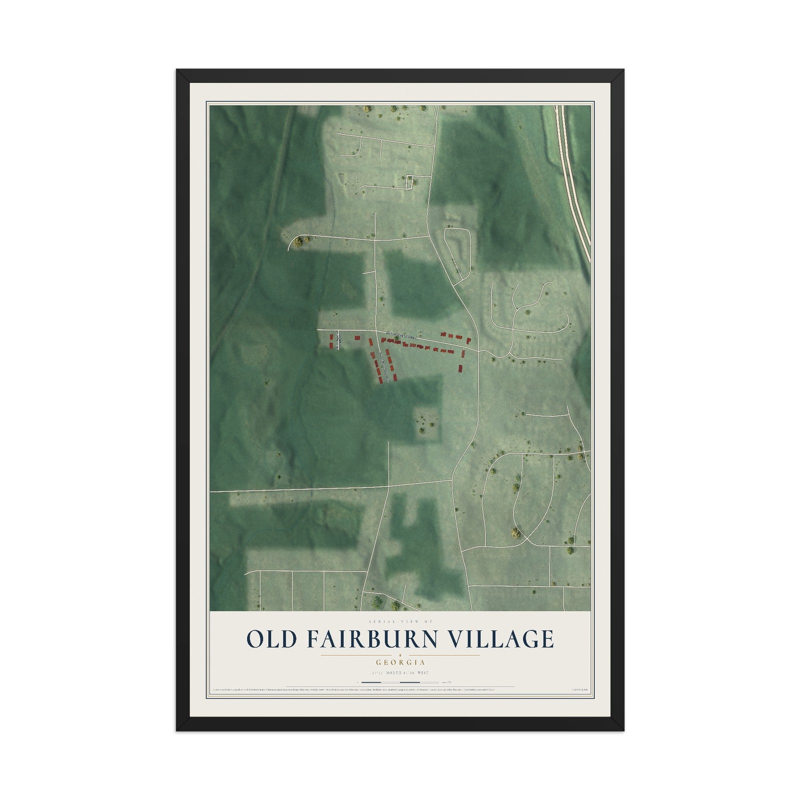 Old Fairburn Village, Georgia map print, 12" x 18" W/ Black Ayous Wood Frame mockup