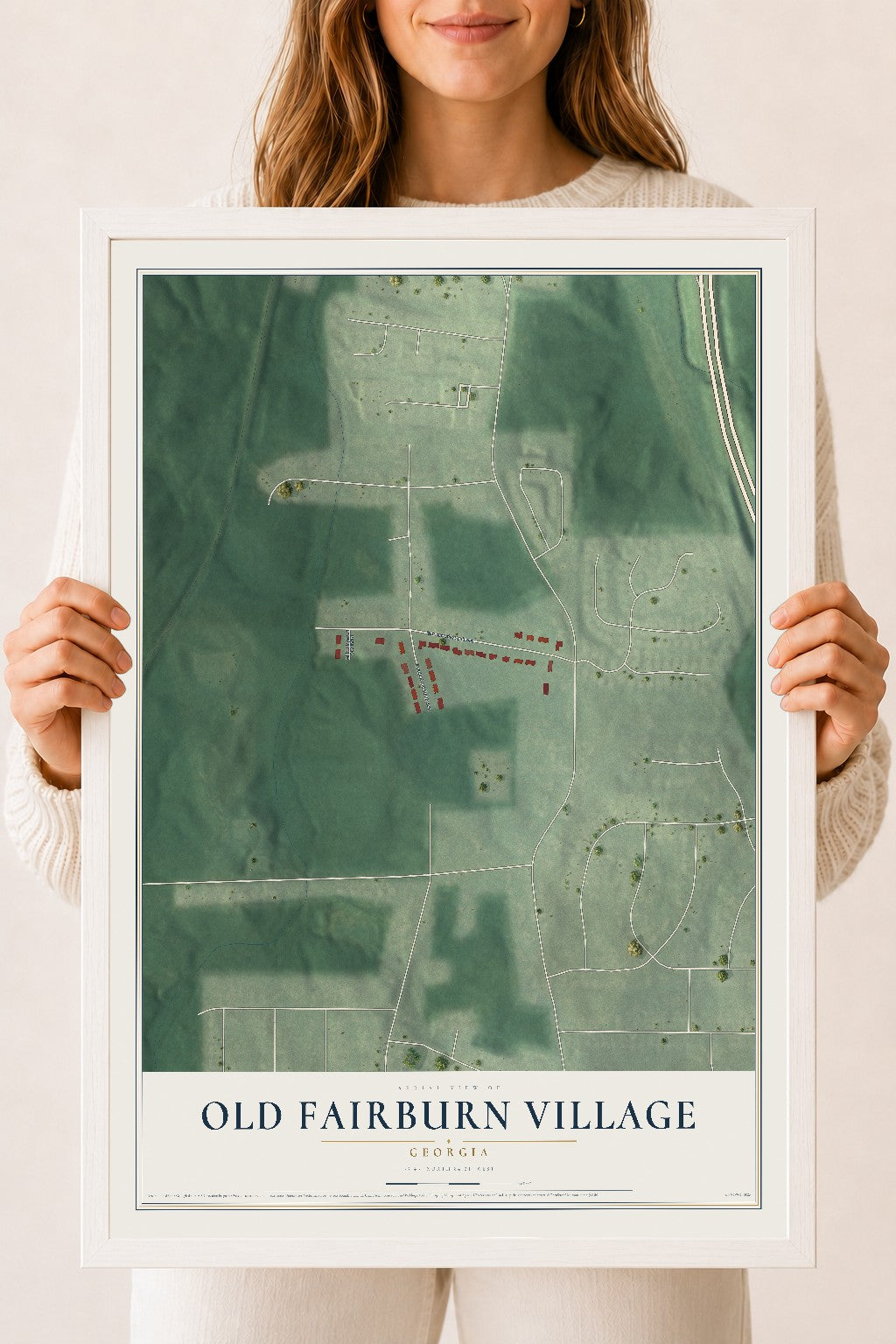 Old Fairburn Village, Georgia map print, 18" x 24" W/ White Ayous Wood Frame mockup