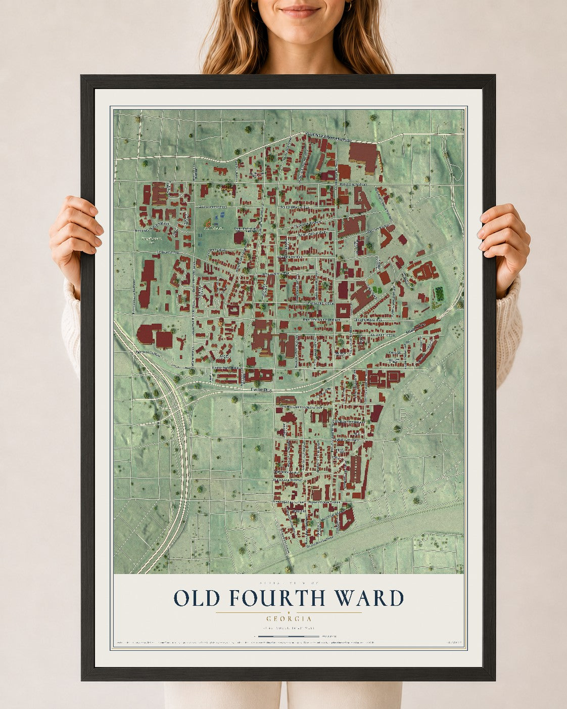 Old Fourth Ward, Georgia map print, 24" x 36" W/ Black Ayous Wood Frame mockup