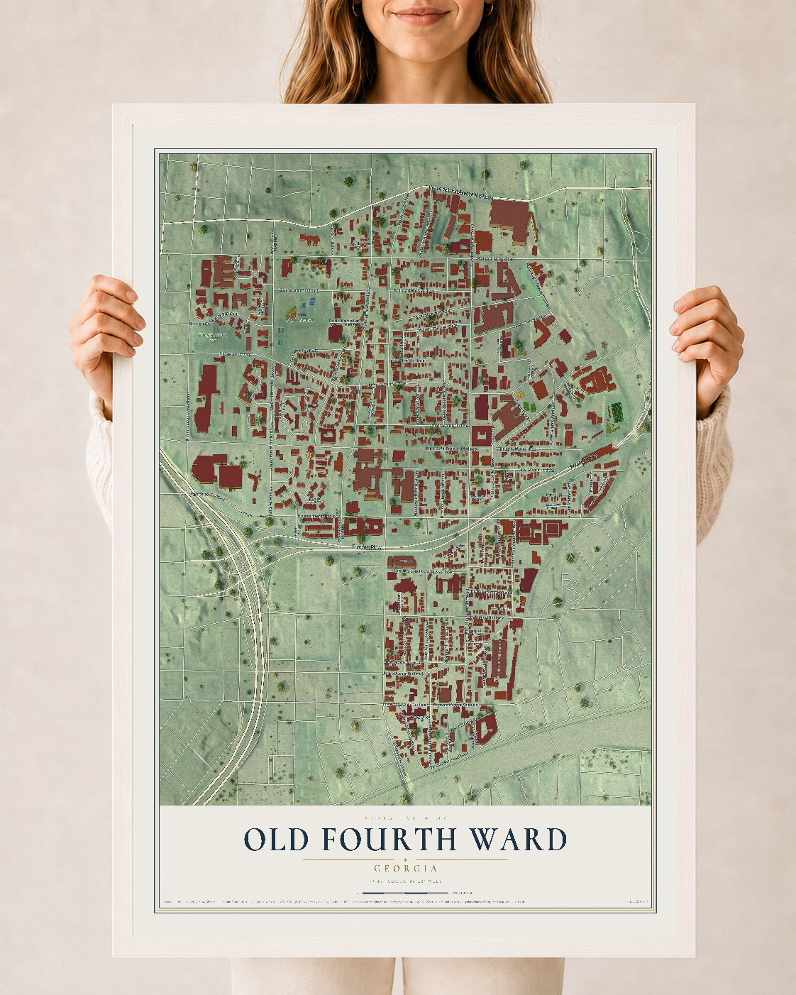 Old Fourth Ward, Georgia map print, 24" x 36" W/ White Ayous Wood Frame mockup