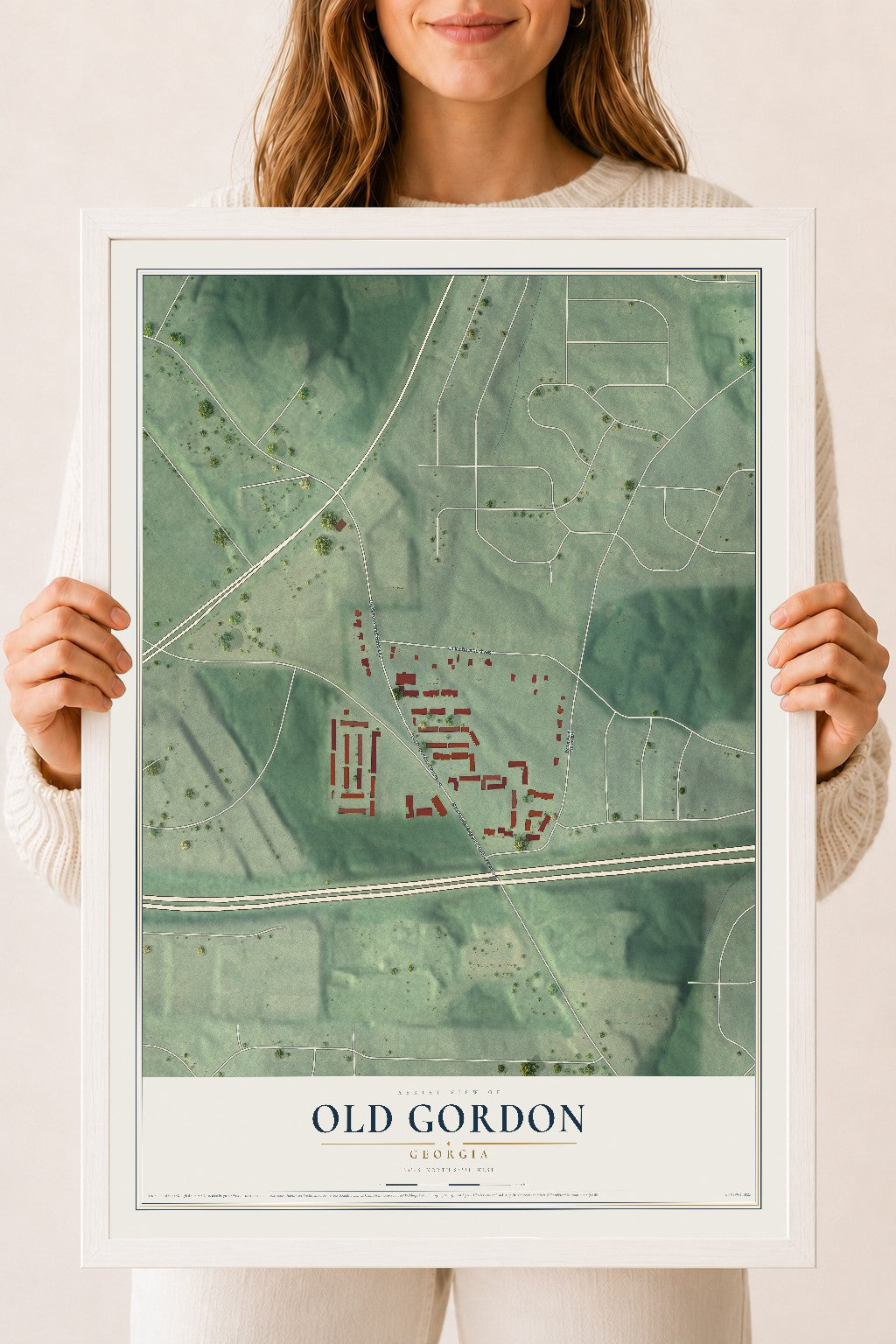 Old Gordon, Georgia map print, 18" x 24" W/ White Ayous Wood Frame mockup