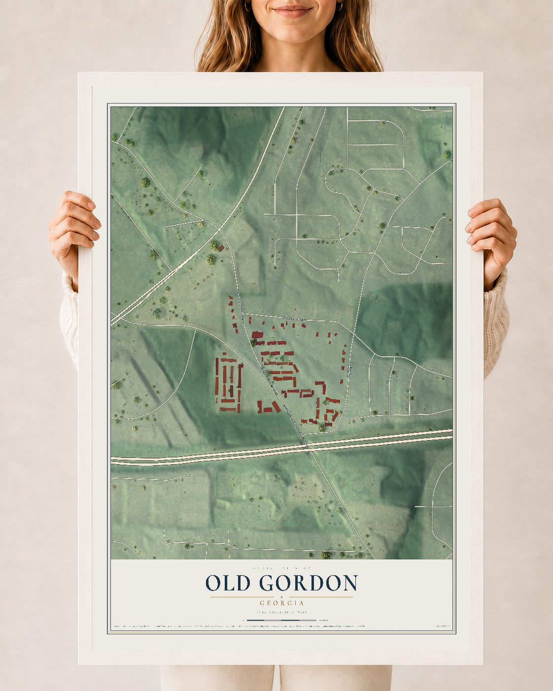 Old Gordon, Georgia map print, 24" x 36" W/ White Ayous Wood Frame mockup
