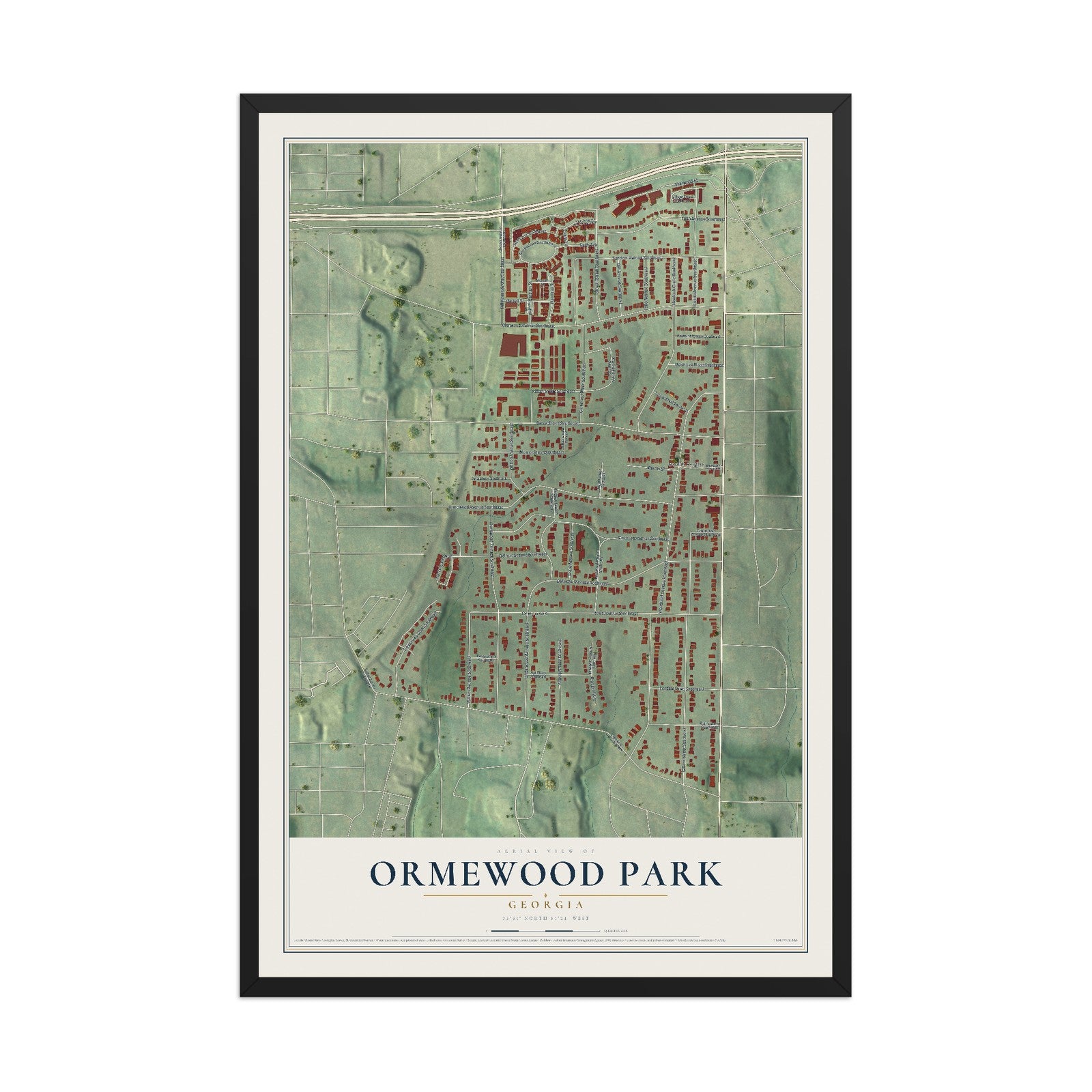 Ormewood Park, Georgia map print, 12" x 18" W/ Black Ayous Wood Frame mockup