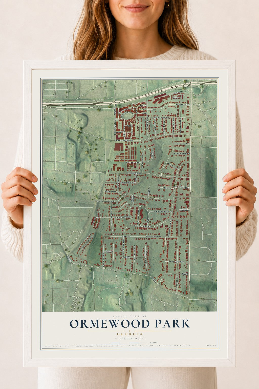 Ormewood Park, Georgia map print, 18" x 24" W/ White Ayous Wood Frame mockup