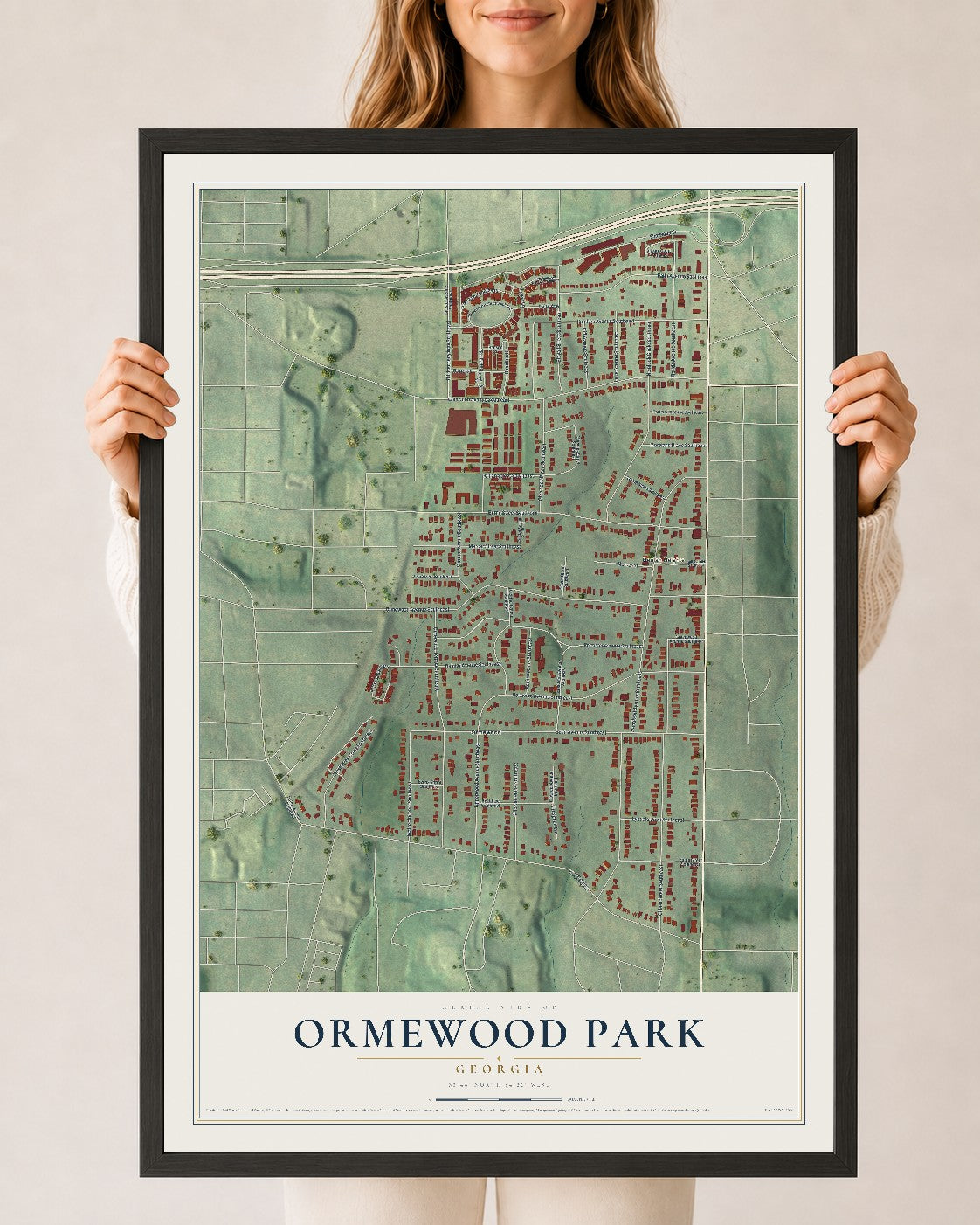Ormewood Park, Georgia map print, 24" x 36" W/ Black Ayous Wood Frame mockup