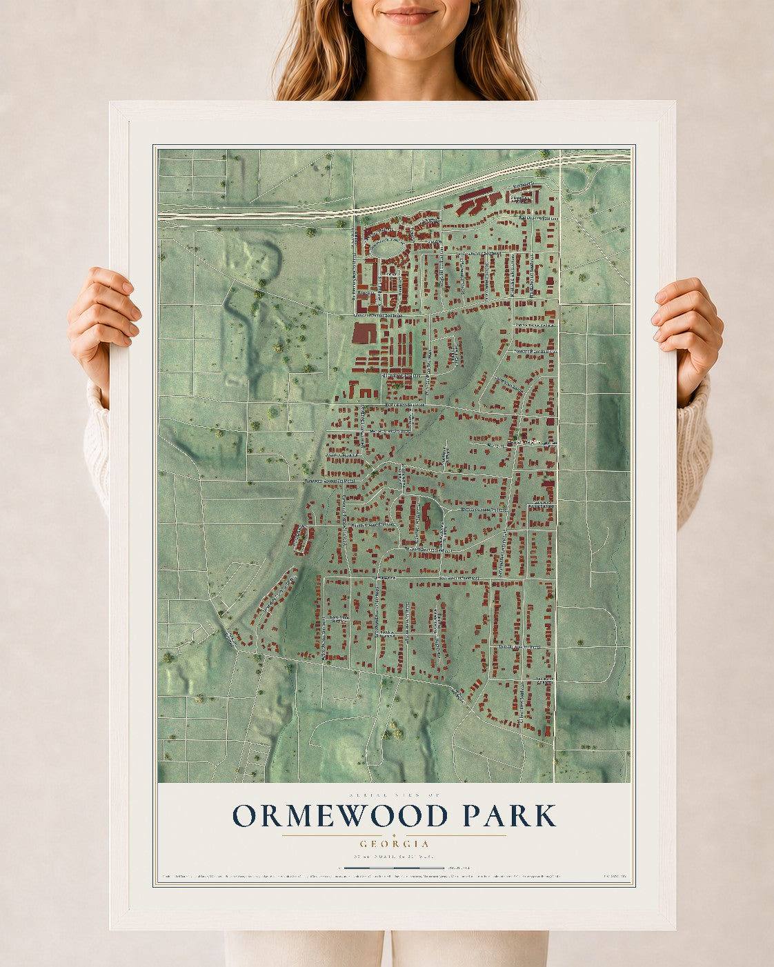 Ormewood Park, Georgia map print, 24" x 36" W/ White Ayous Wood Frame mockup