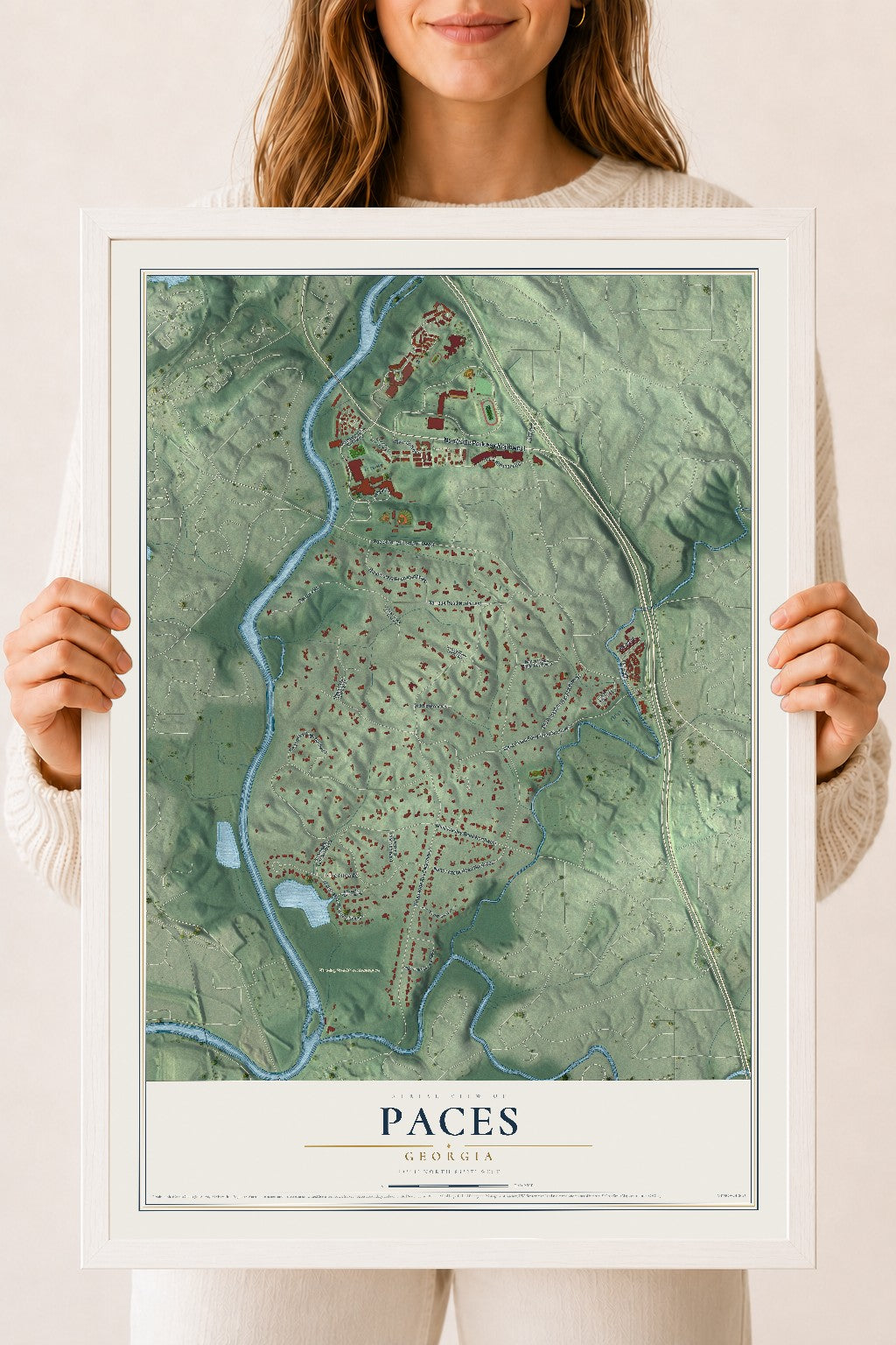 Paces, Georgia map print, 18" x 24" W/ White Ayous Wood Frame mockup