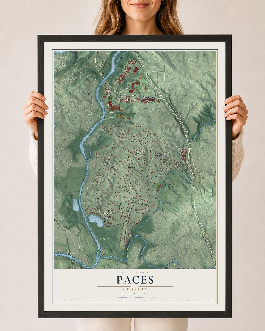 Paces, Georgia map print, 24" x 36" W/ Black Ayous Wood Frame mockup