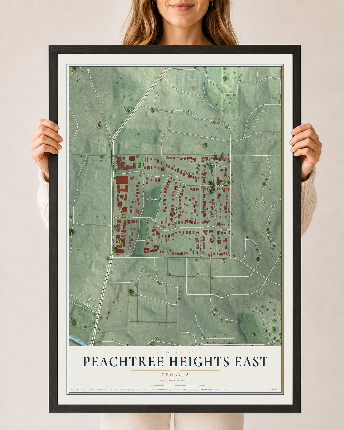 Peachtree Heights East, Georgia map print, 24" x 36" W/ Black Ayous Wood Frame mockup