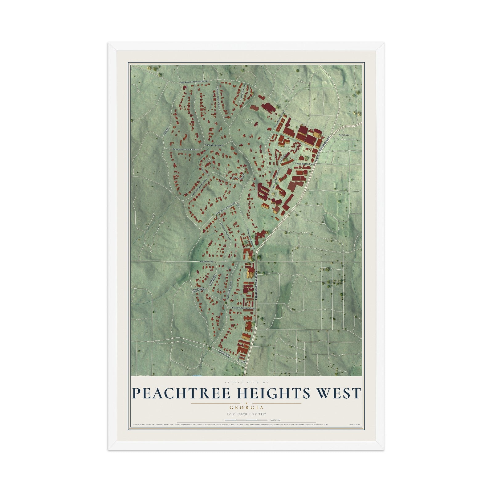 Peachtree Heights West, Georgia map print, 12" x 18" W/ White Ayous Wood Frame mockup