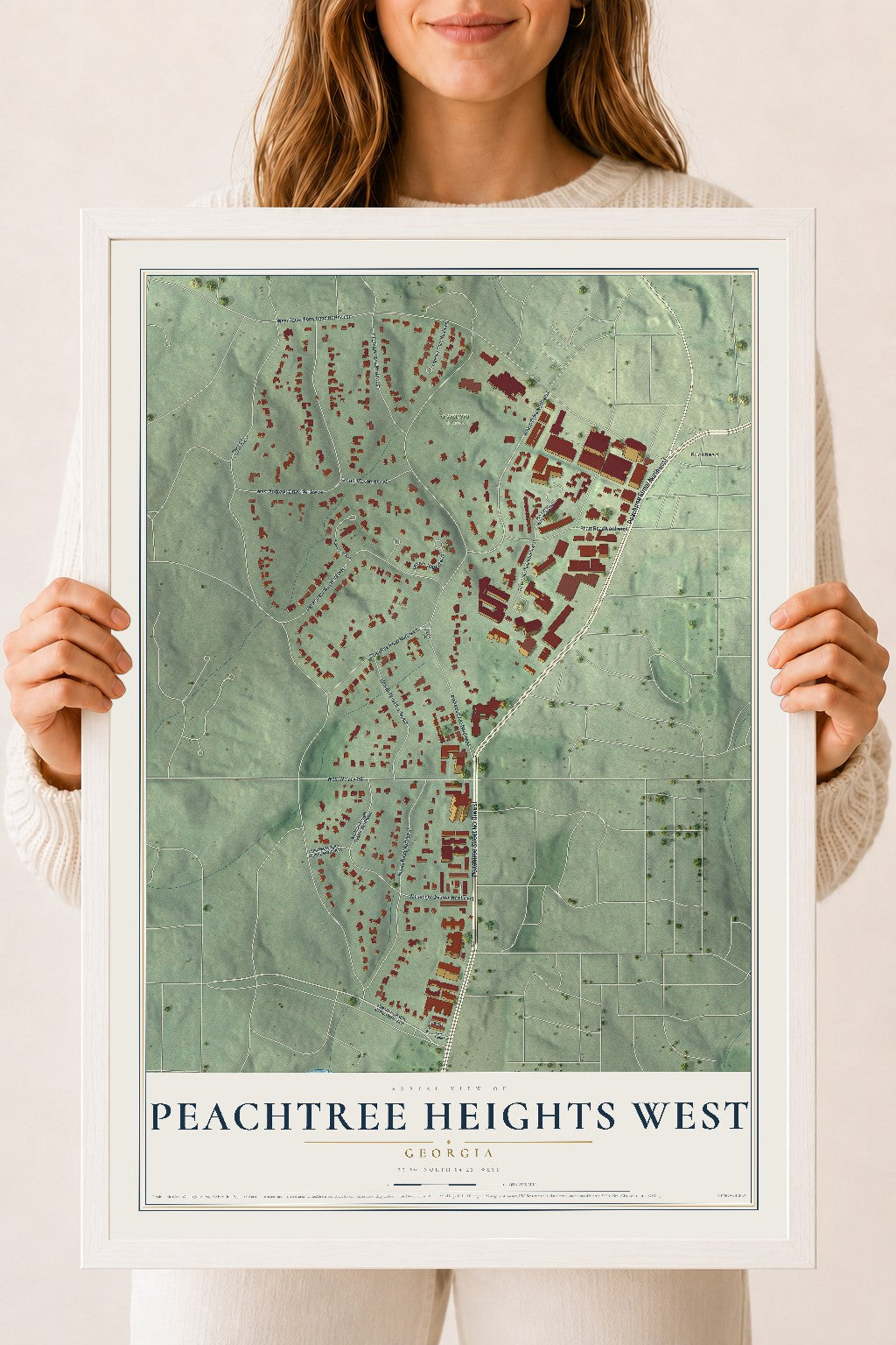 Peachtree Heights West, Georgia map print, 18" x 24" W/ White Ayous Wood Frame mockup