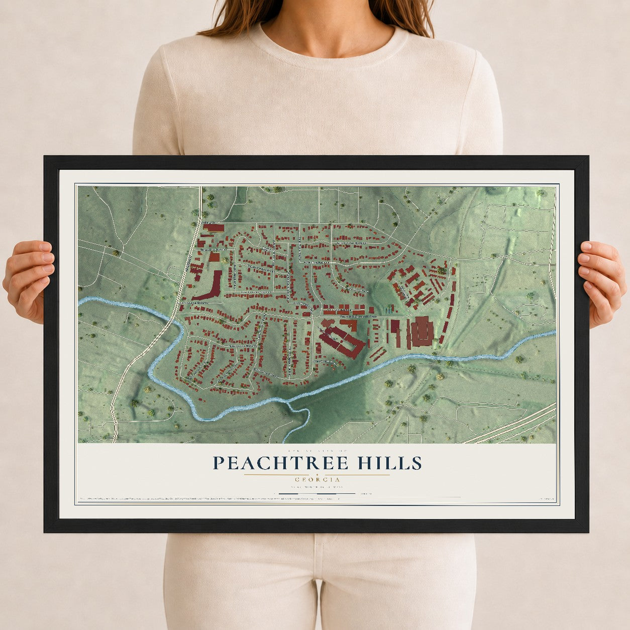 Peachtree Hills, Georgia map print, 12" x 18" W/ Black Ayous Wood Frame mockup