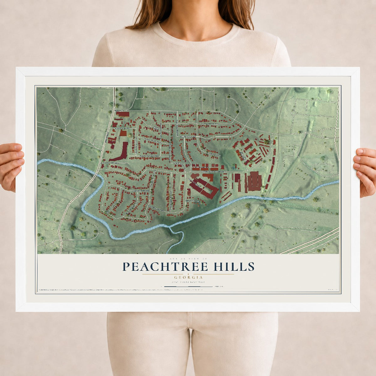 Peachtree Hills, Georgia map print, 18" x 24" W/ White Ayous Wood Frame mockup