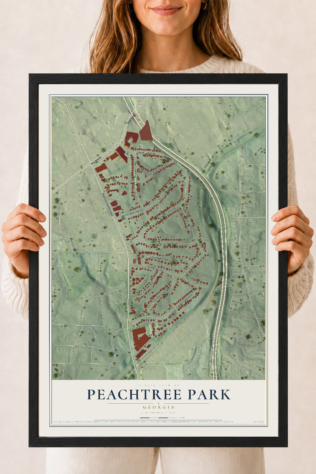 Peachtree Park, Georgia map print, 18" x 24" W/ Black Ayous Wood Frame mockup