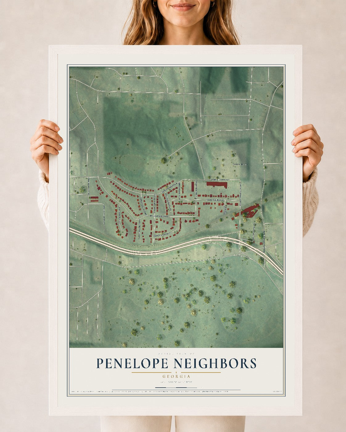 Penelope Neighbors, Georgia map print, 24" x 36" W/ White Ayous Wood Frame mockup