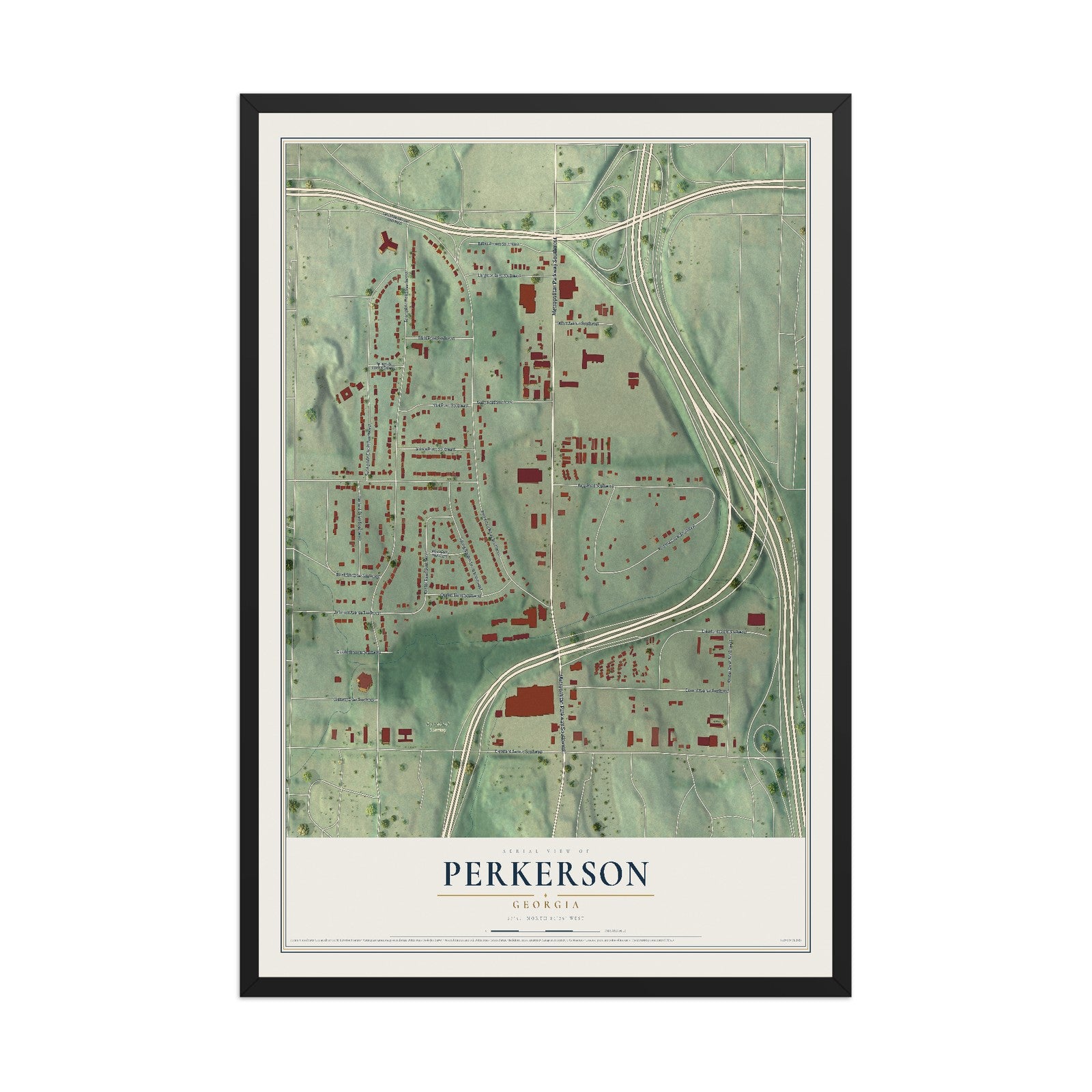 Perkerson, Georgia map print, 12" x 18" W/ Black Ayous Wood Frame mockup