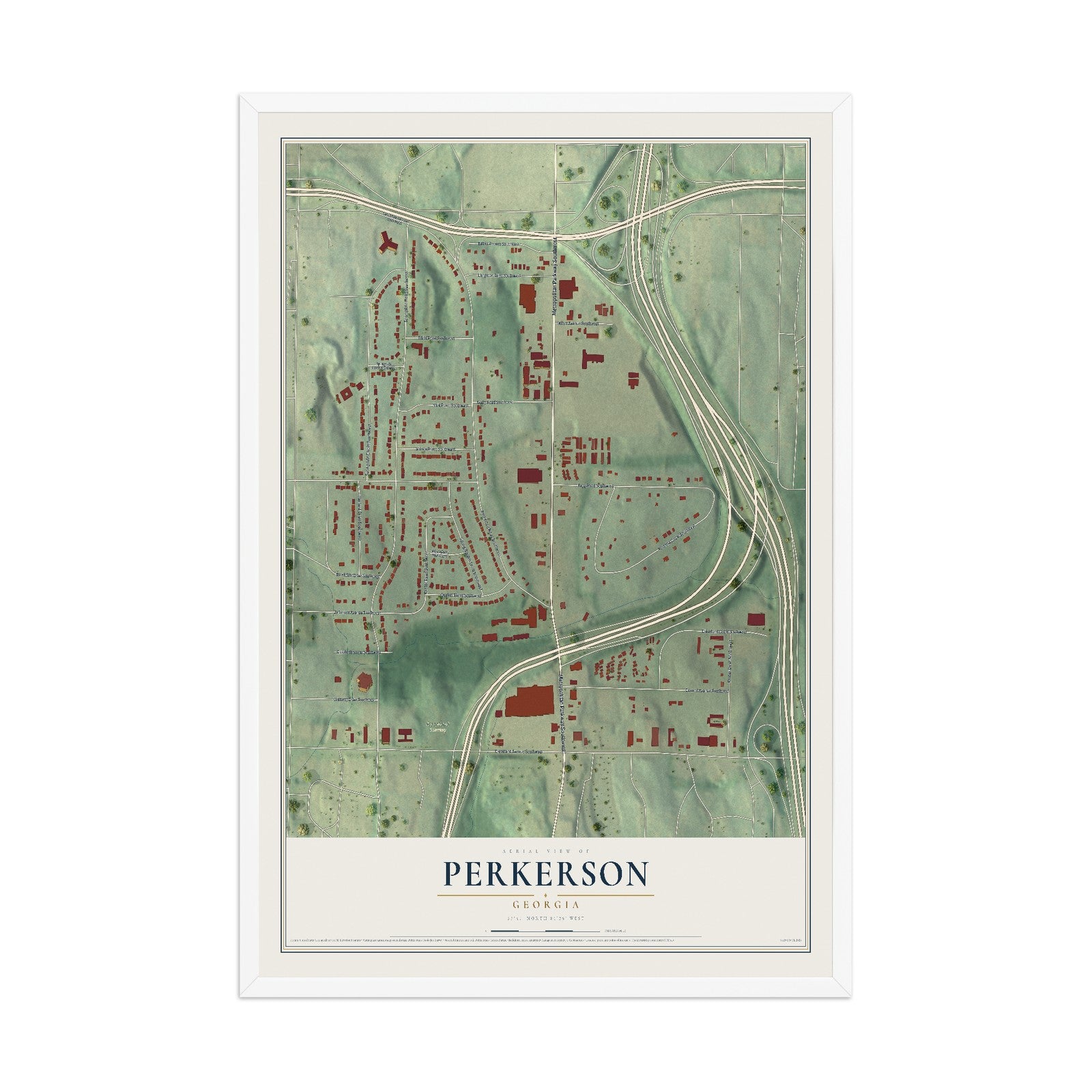 Perkerson, Georgia map print, 12" x 18" W/ White Ayous Wood Frame mockup