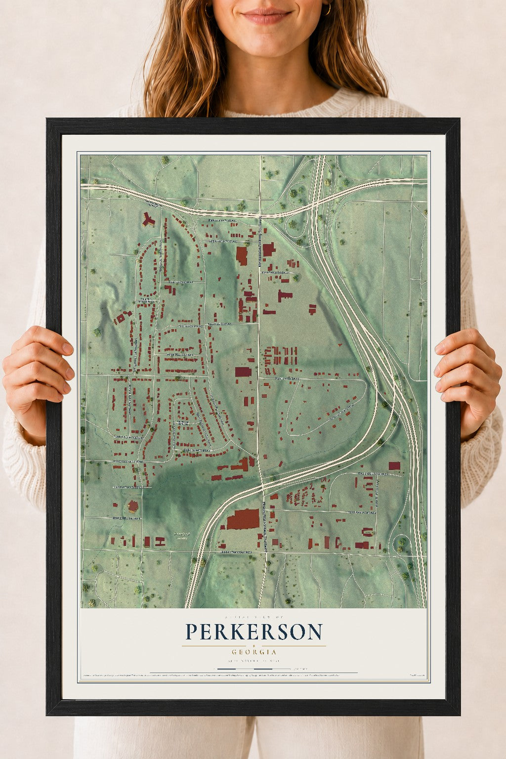 Perkerson, Georgia map print, 18" x 24" W/ Black Ayous Wood Frame mockup